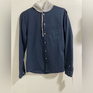 Sovereign Code Dark Blue Shirt Shacket with Light Gray Hood